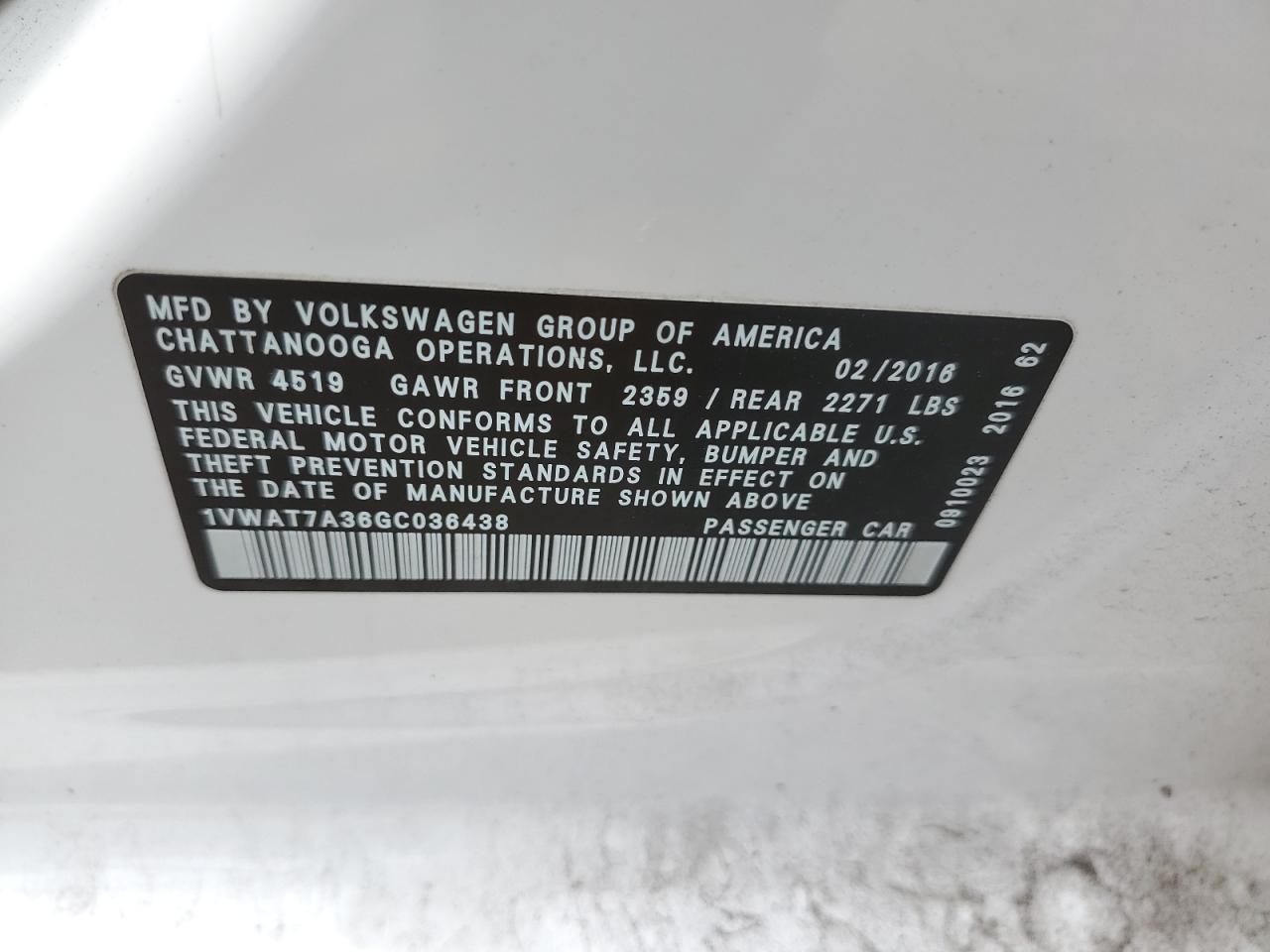 1VWAT7A36GC036438 2016 Volkswagen Passat S