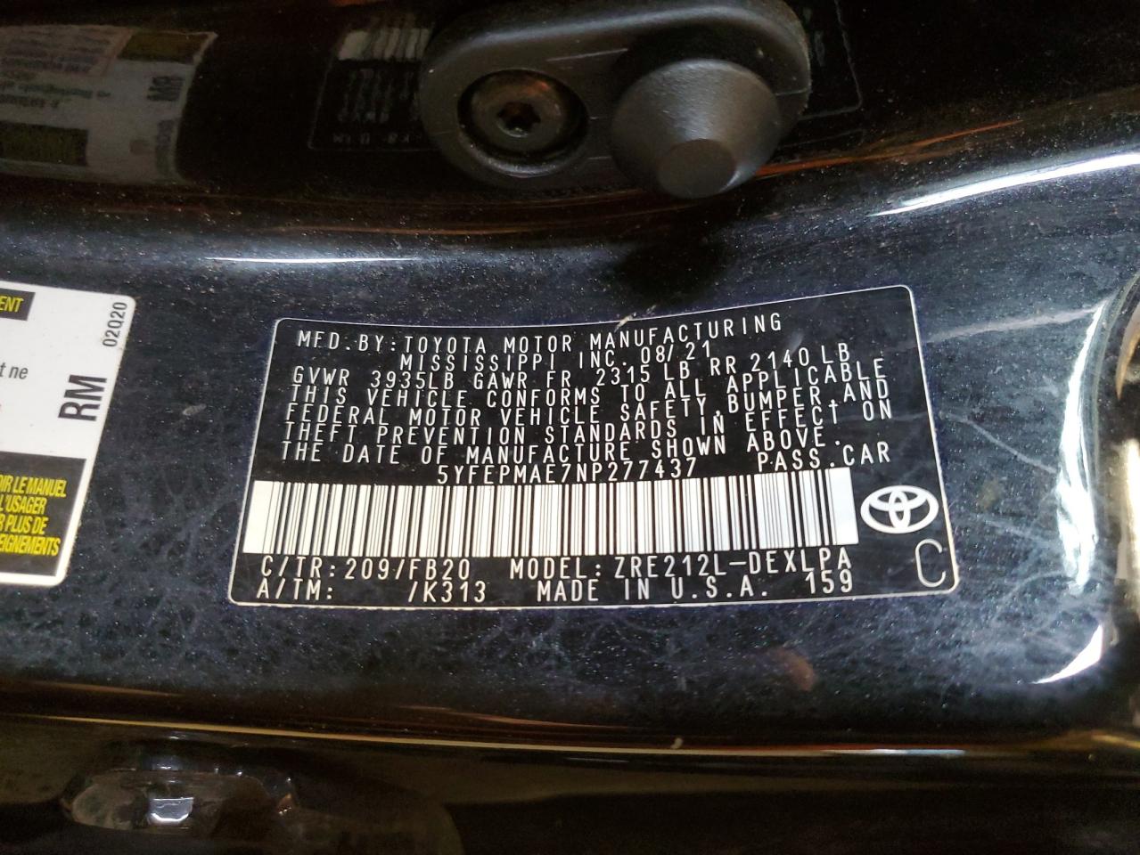 5YFEPMAE7NP277437 2022 Toyota Corolla Le