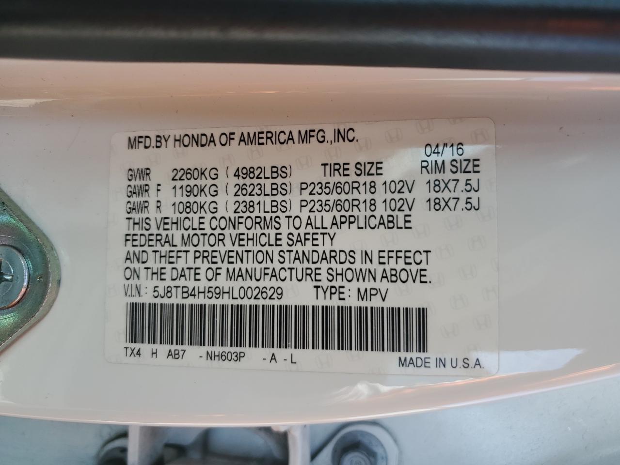 5J8TB4H59HL002629 2017 Acura Rdx Technology