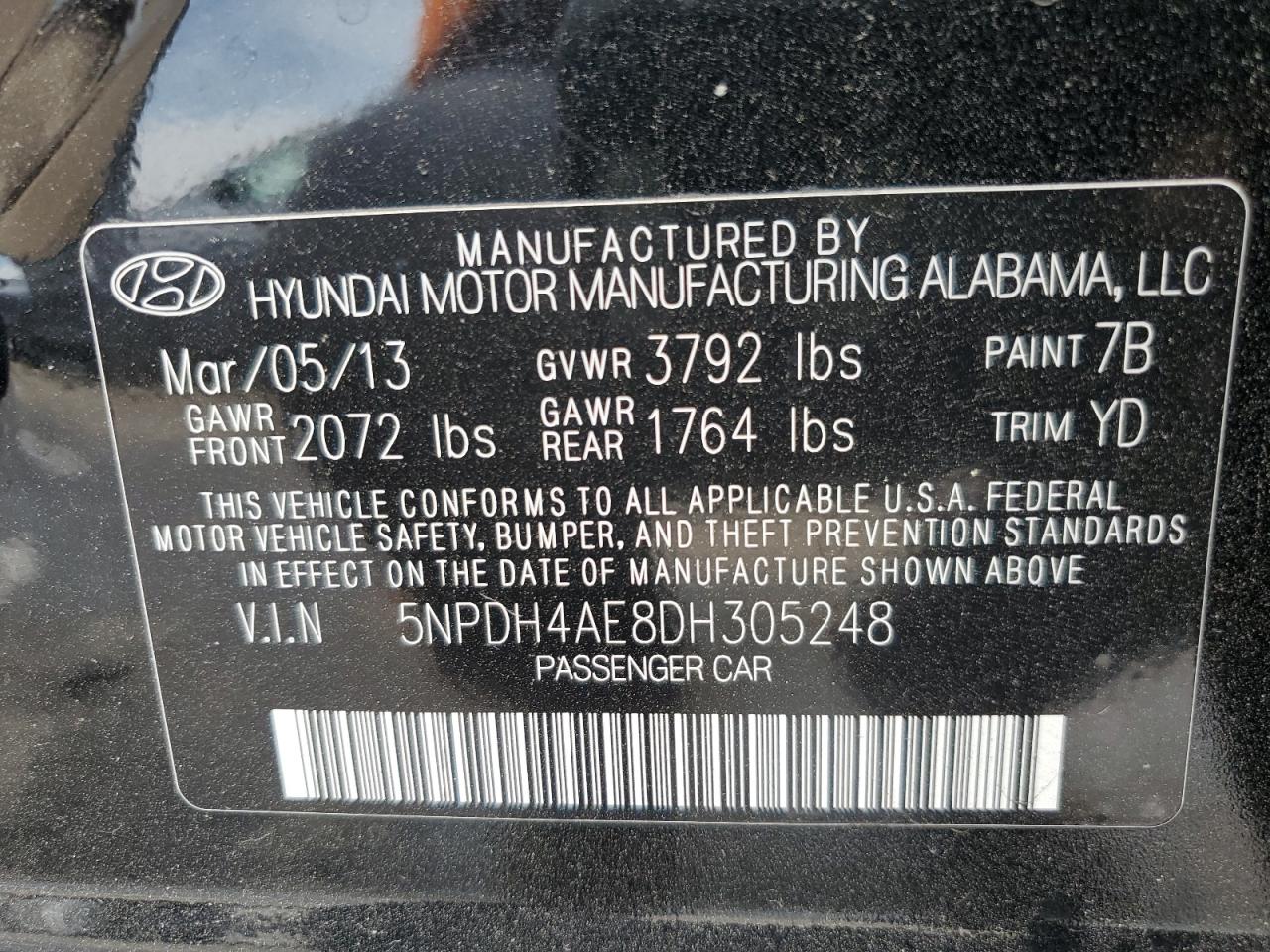 5NPDH4AE8DH305248 2013 Hyundai Elantra Gls