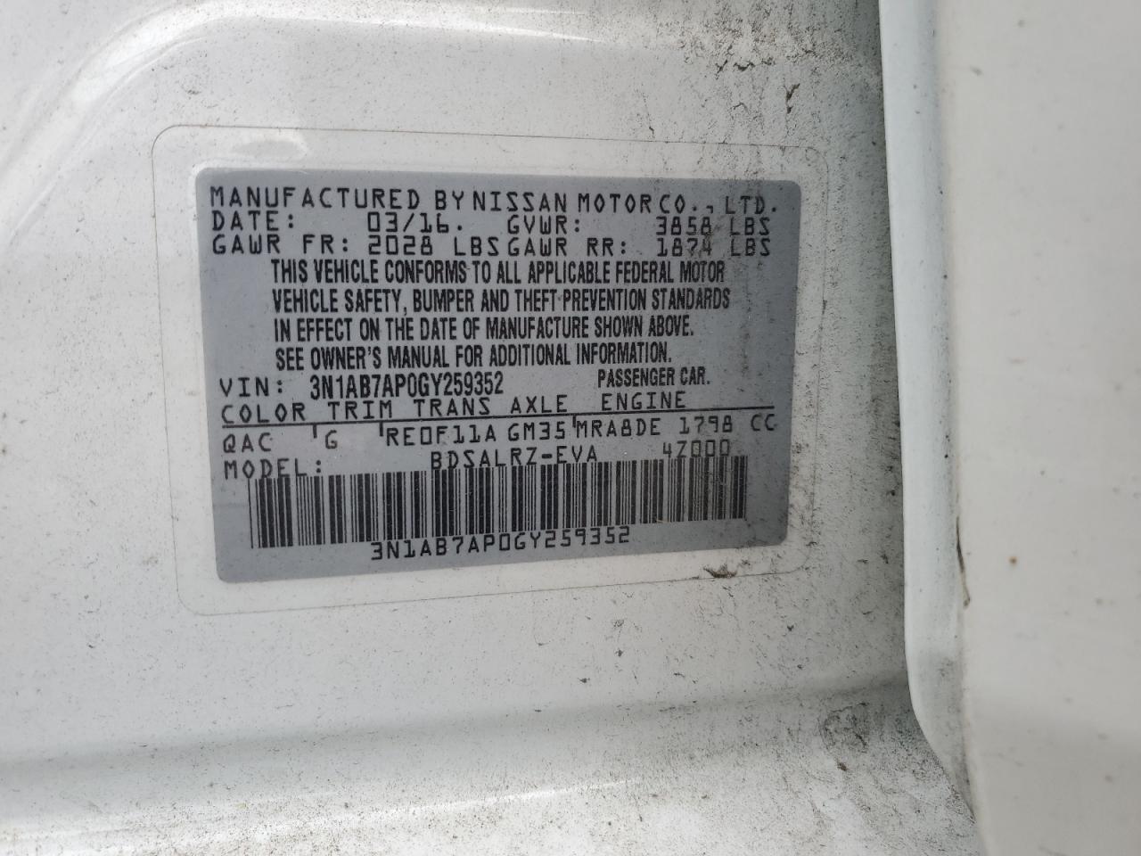 3N1AB7AP0GY259352 2016 Nissan Sentra S