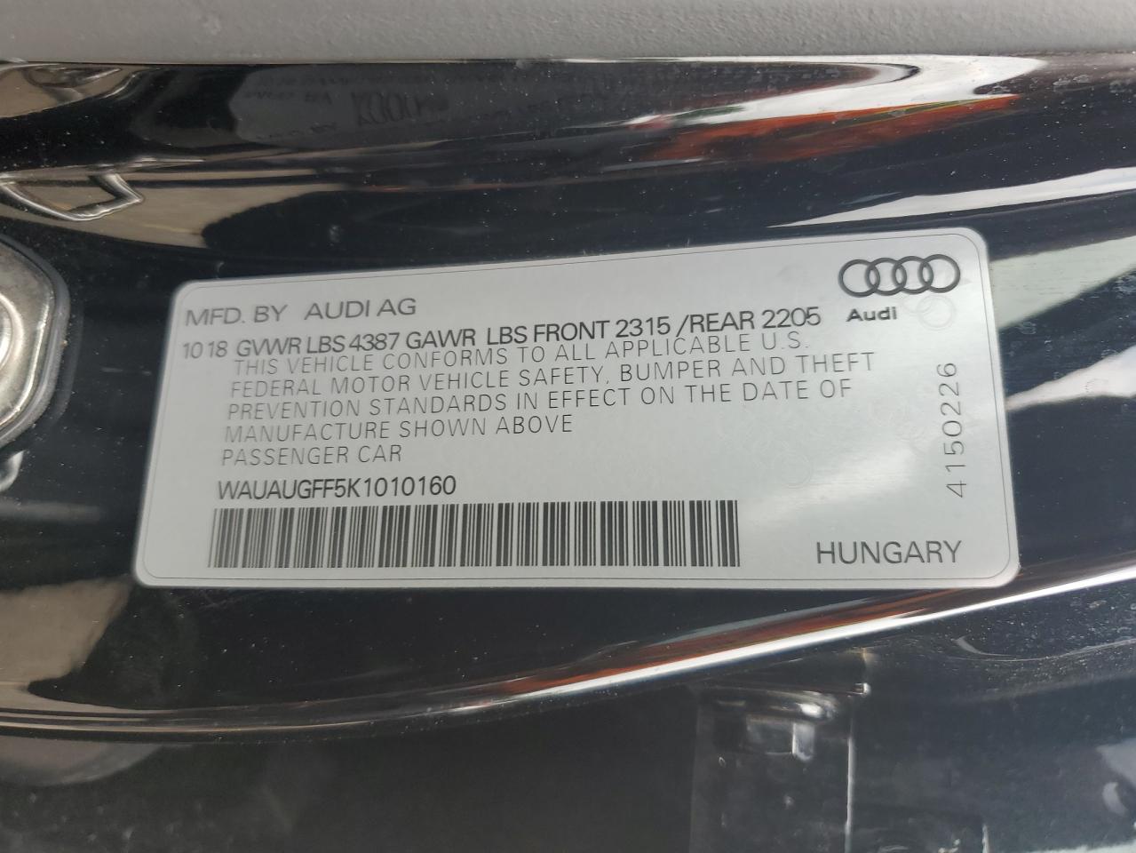 WAUAUGFF5K1010160 2019 Audi A3 Premium