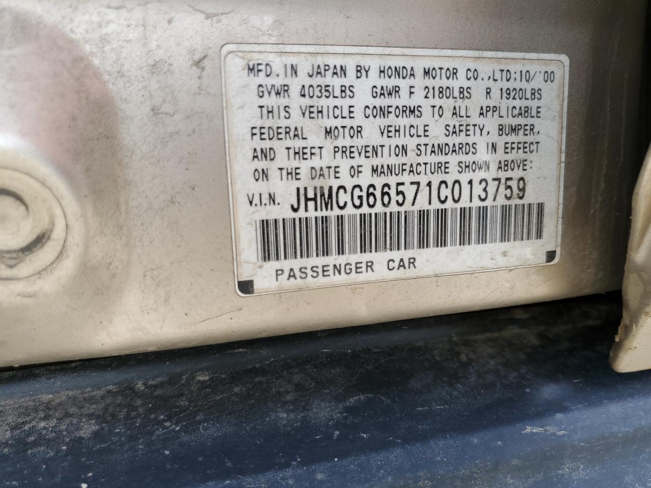 JHMCG66571C013759 2001 Honda Accord Lx