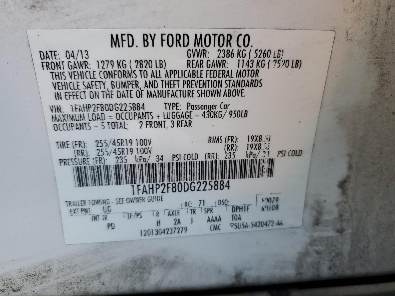 1FAHP2F80DG225884 2013 Ford Taurus Limited