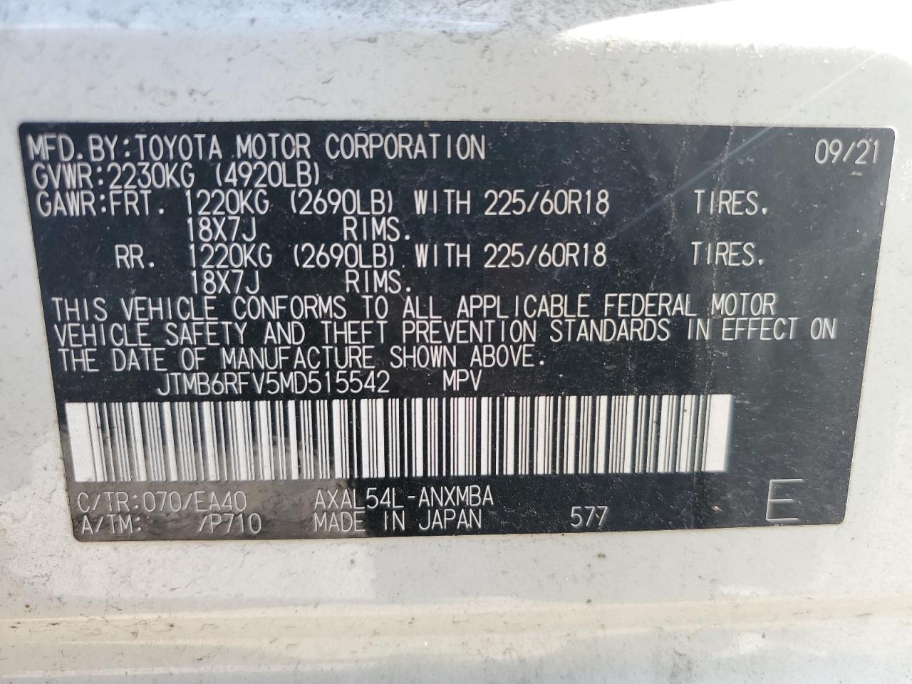 JTMB6RFV5MD515542 2021 Toyota Rav4 Xle Premium