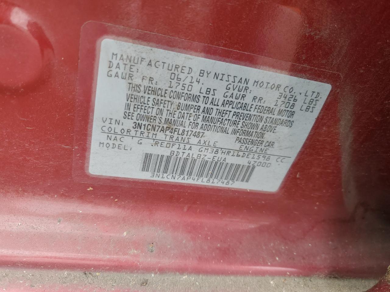 3N1CN7AP4FL817487 2015 Nissan Versa S