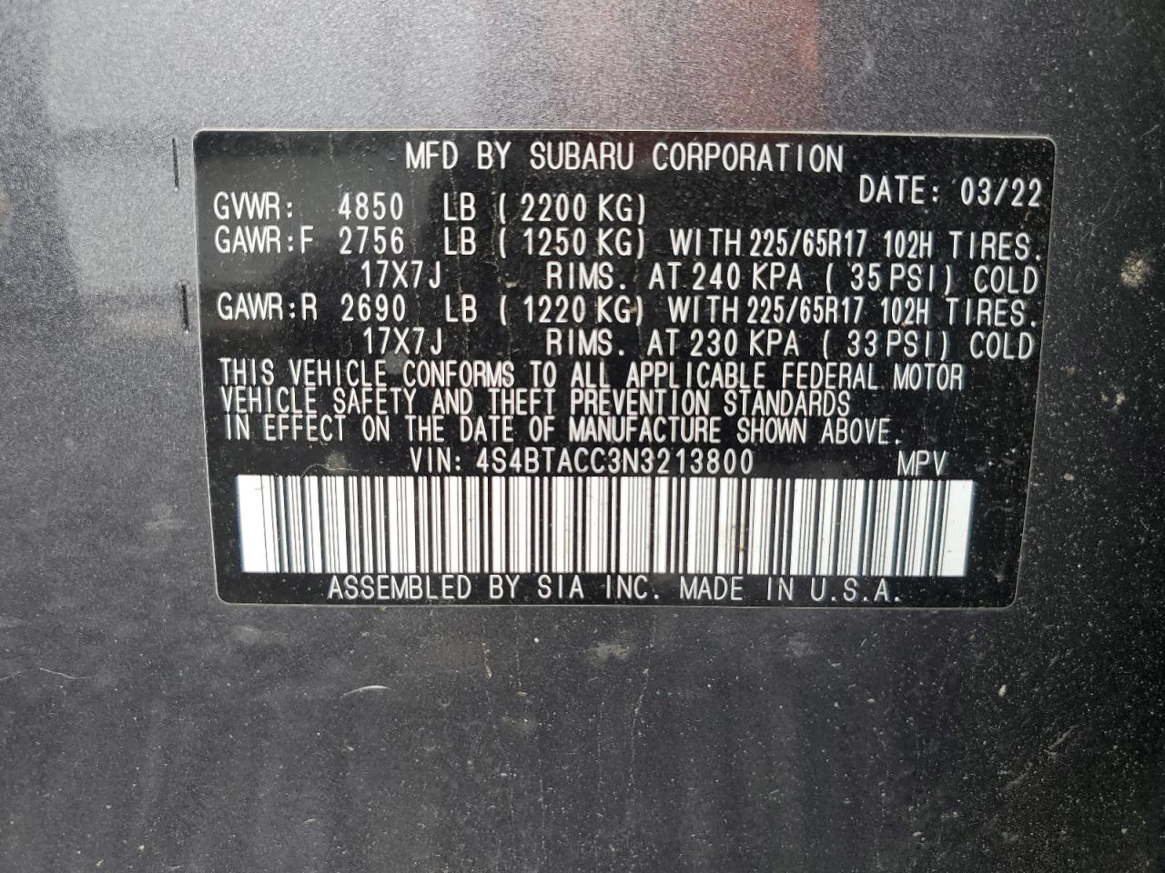 4S4BTACC3N3213800 2022 Subaru Outback Premium