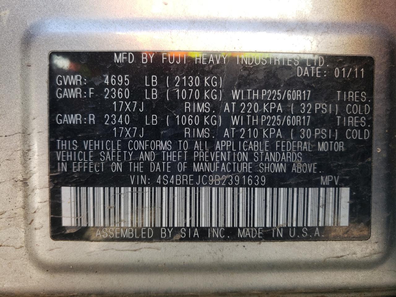 4S4BREJC9B2391639 2011 Subaru Outback 3.6R Limited