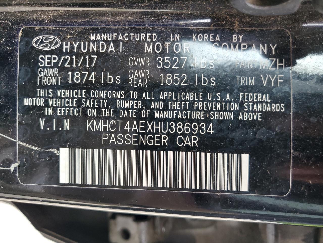 KMHCT4AEXHU386934 2017 Hyundai Accent Se