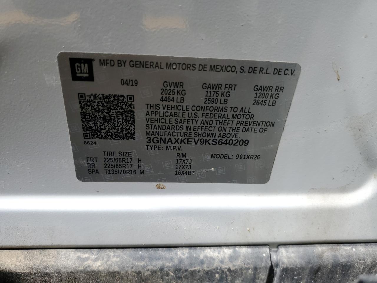 3GNAXKEV9KS640209 2019 Chevrolet Equinox Lt