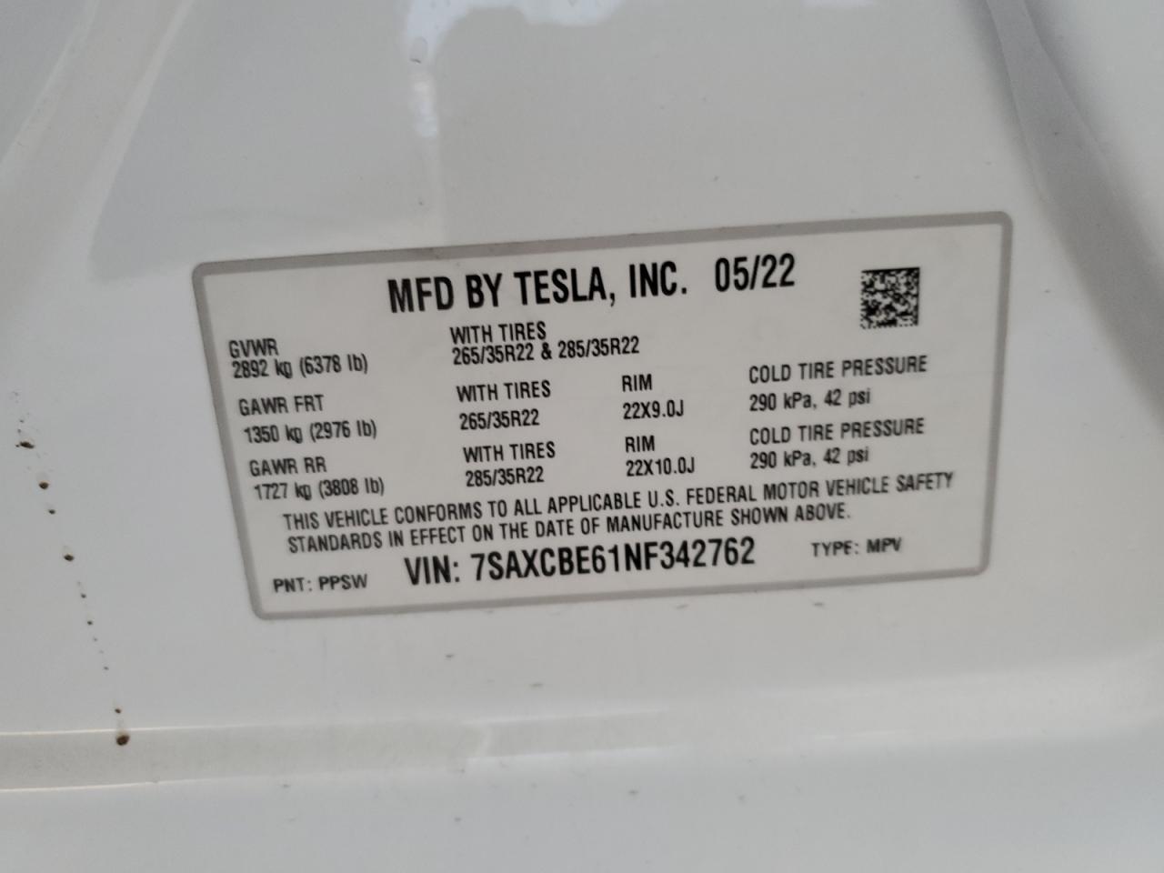 7SAXCBE61NF342762 2022 Tesla Model X