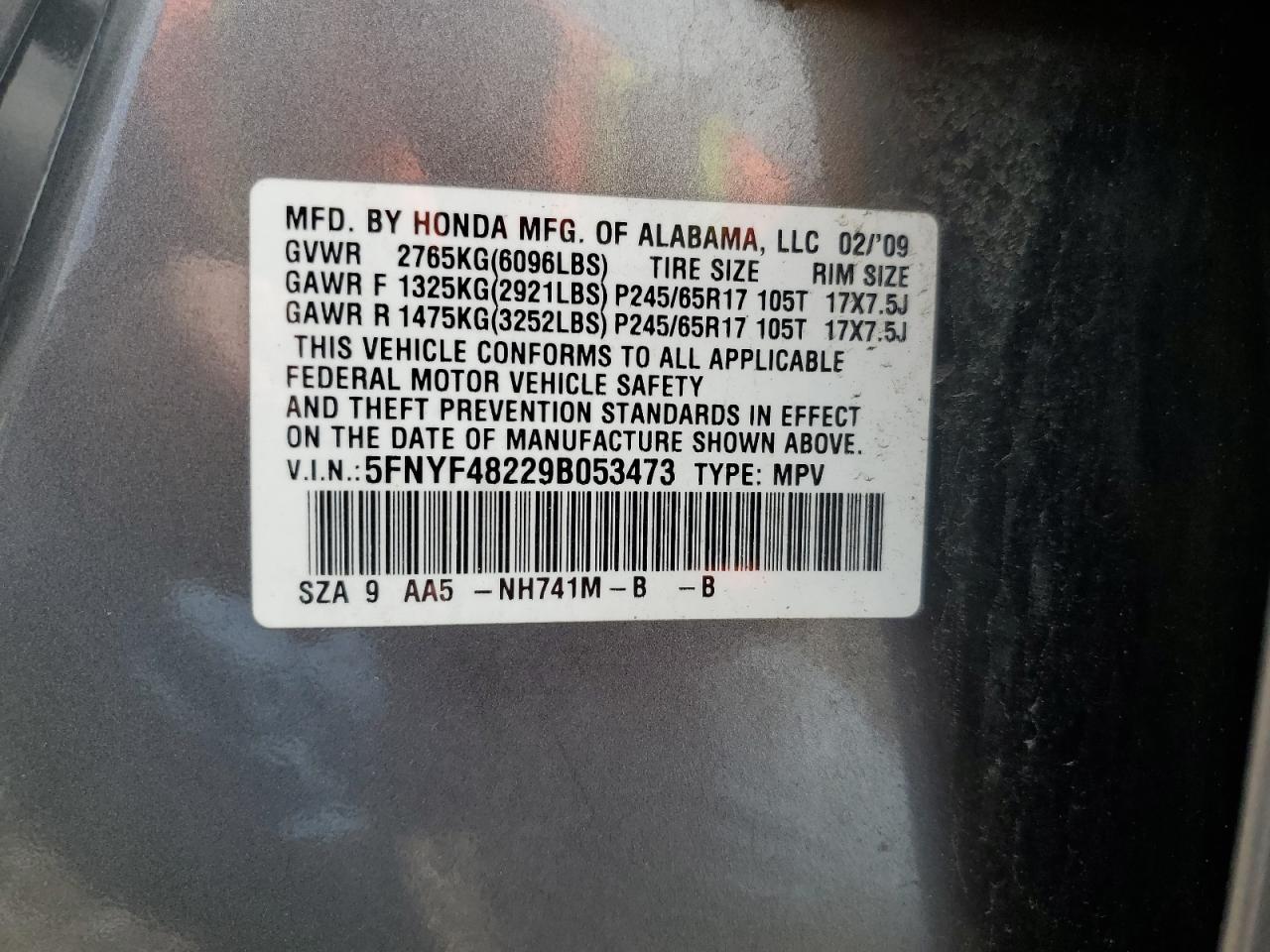 5FNYF48229B053473 2009 Honda Pilot Lx