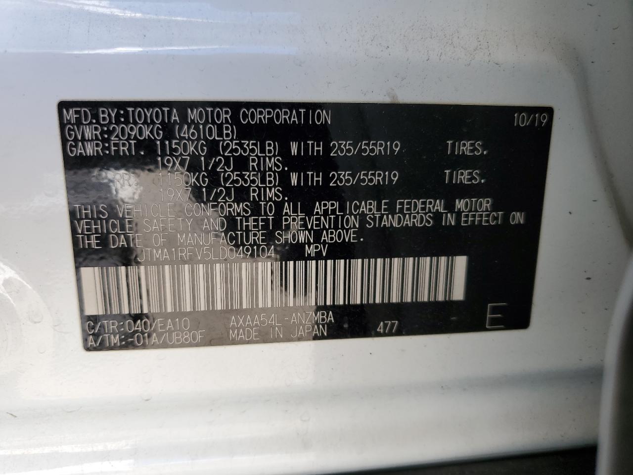 JTMA1RFV5LD049104 2020 Toyota Rav4 Xle Premium