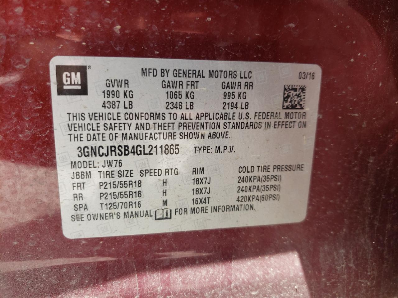 3GNCJRSB4GL211865 2016 Chevrolet Trax Ltz