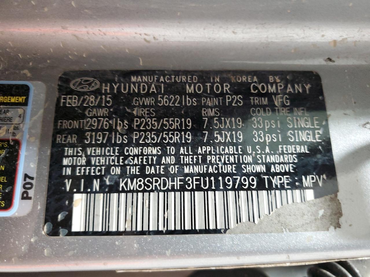 KM8SRDHF3FU119799 2015 Hyundai Santa Fe Gls