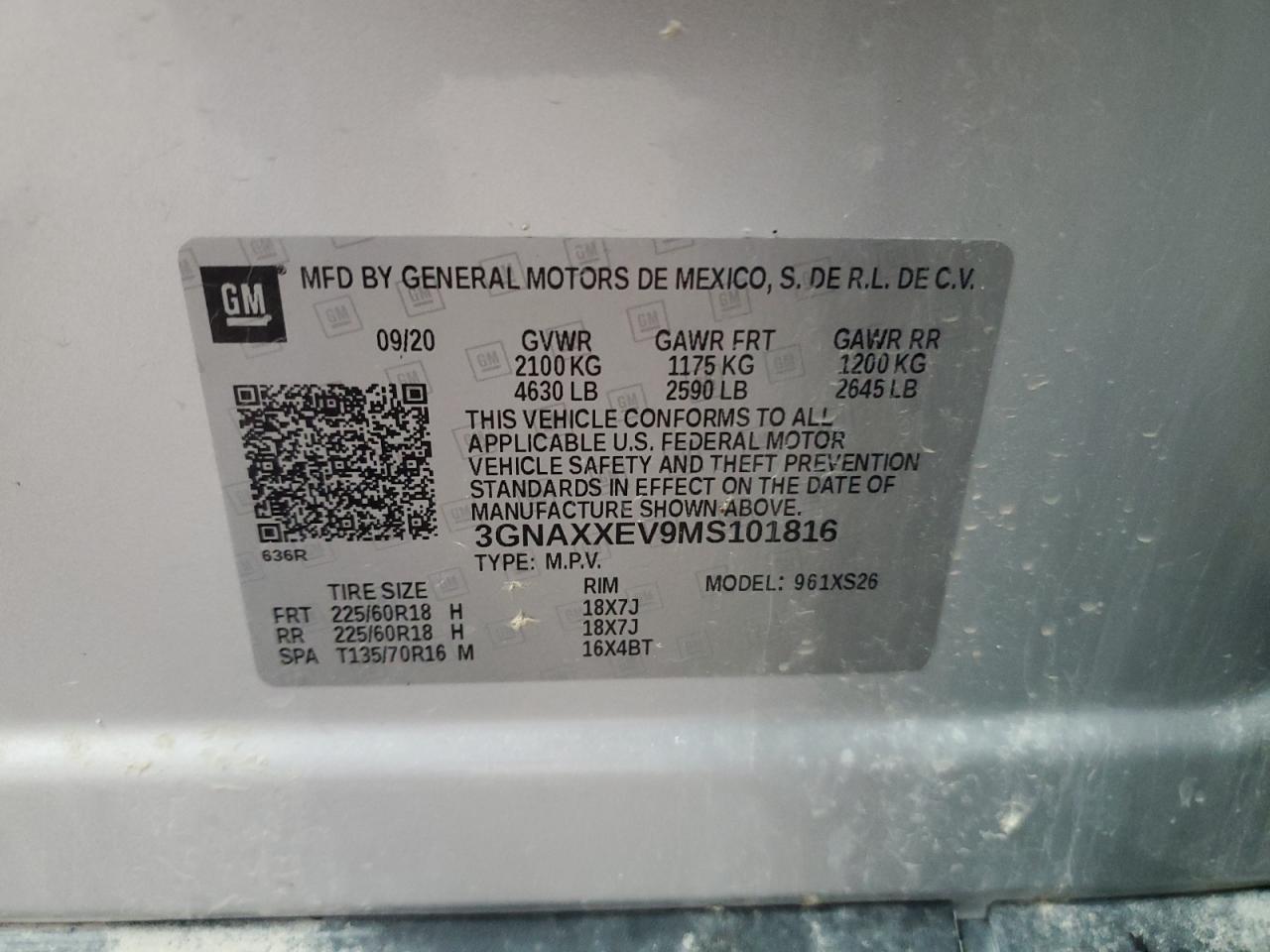 3GNAXXEV9MS101816 2021 Chevrolet Equinox Premier