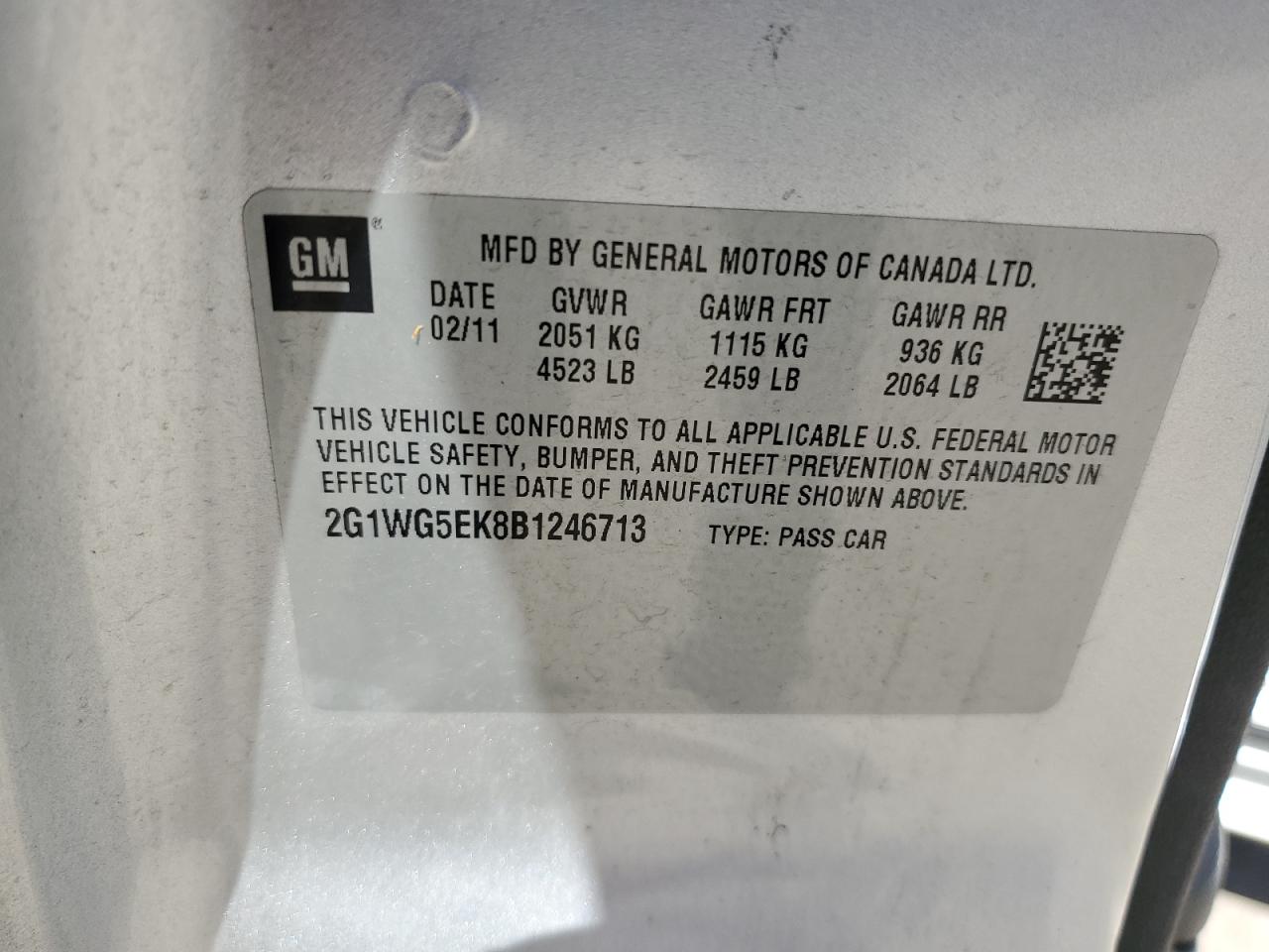 2G1WG5EK8B1246713 2011 Chevrolet Impala Lt