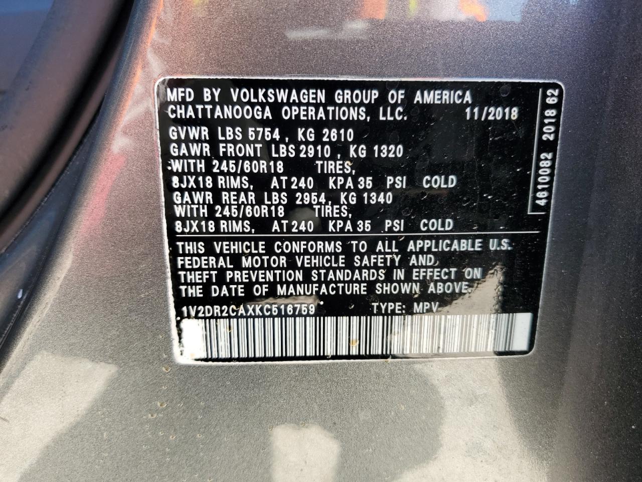 1V2DR2CAXKC516759 2019 Volkswagen Atlas Se