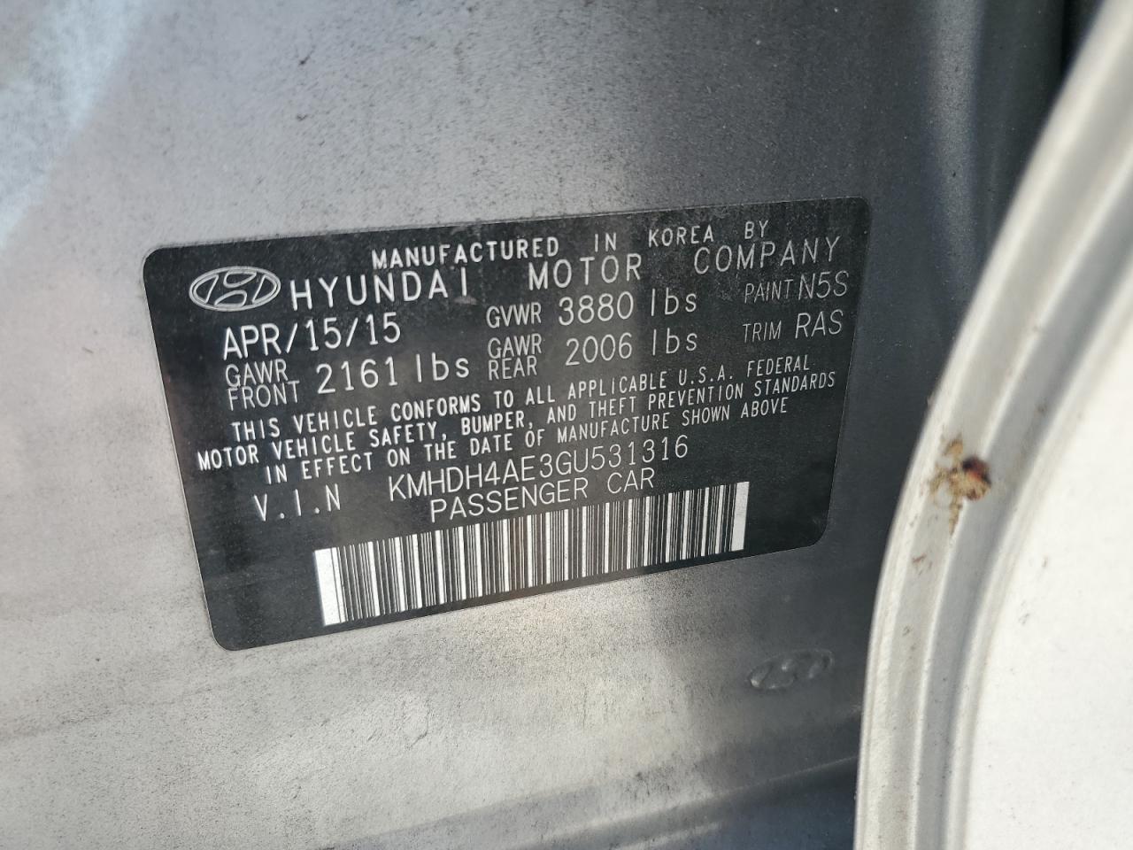 KMHDH4AE3GU531316 2016 Hyundai Elantra Se