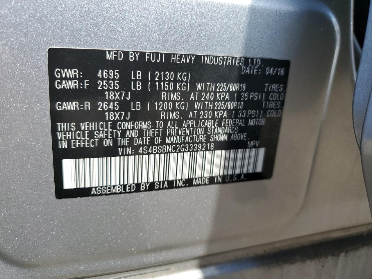 4S4BSBNC2G3339218 2016 Subaru Outback 2.5I Limited