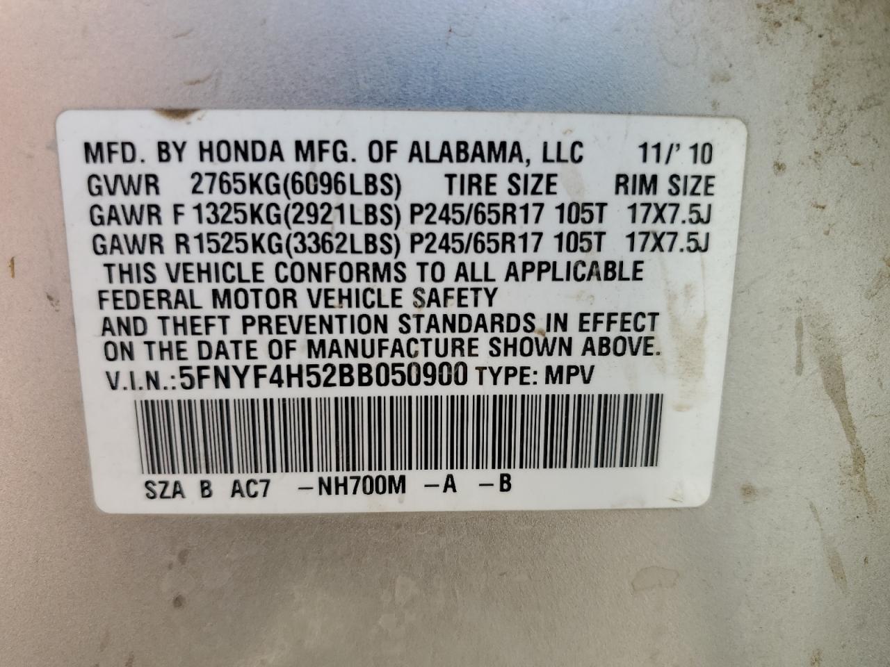 5FNYF4H52BB050900 2011 Honda Pilot Exl