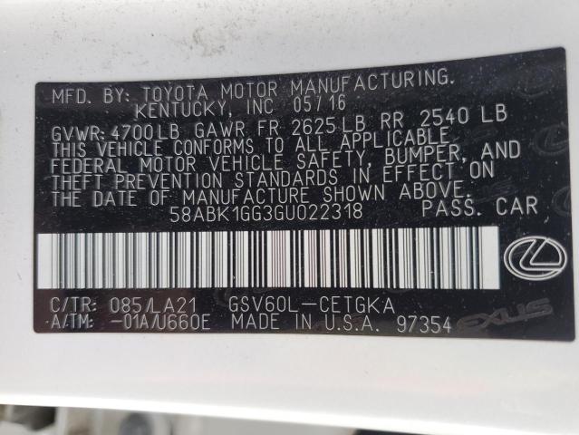 2016 Lexus Es 350 VIN: 58ABK1GG3GU022318 Lot: 56144234