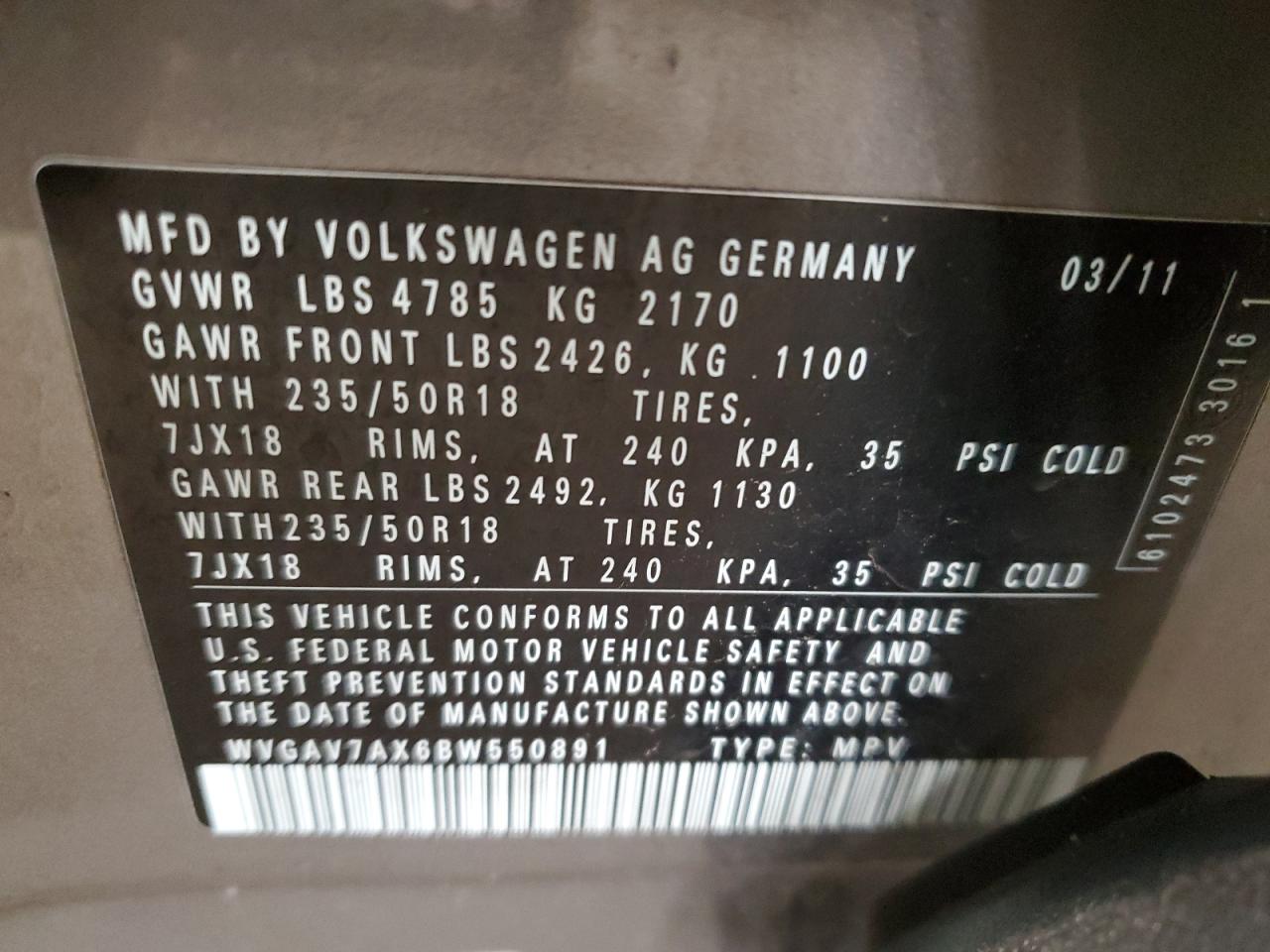 WVGAV7AX6BW550891 2011 Volkswagen Tiguan S