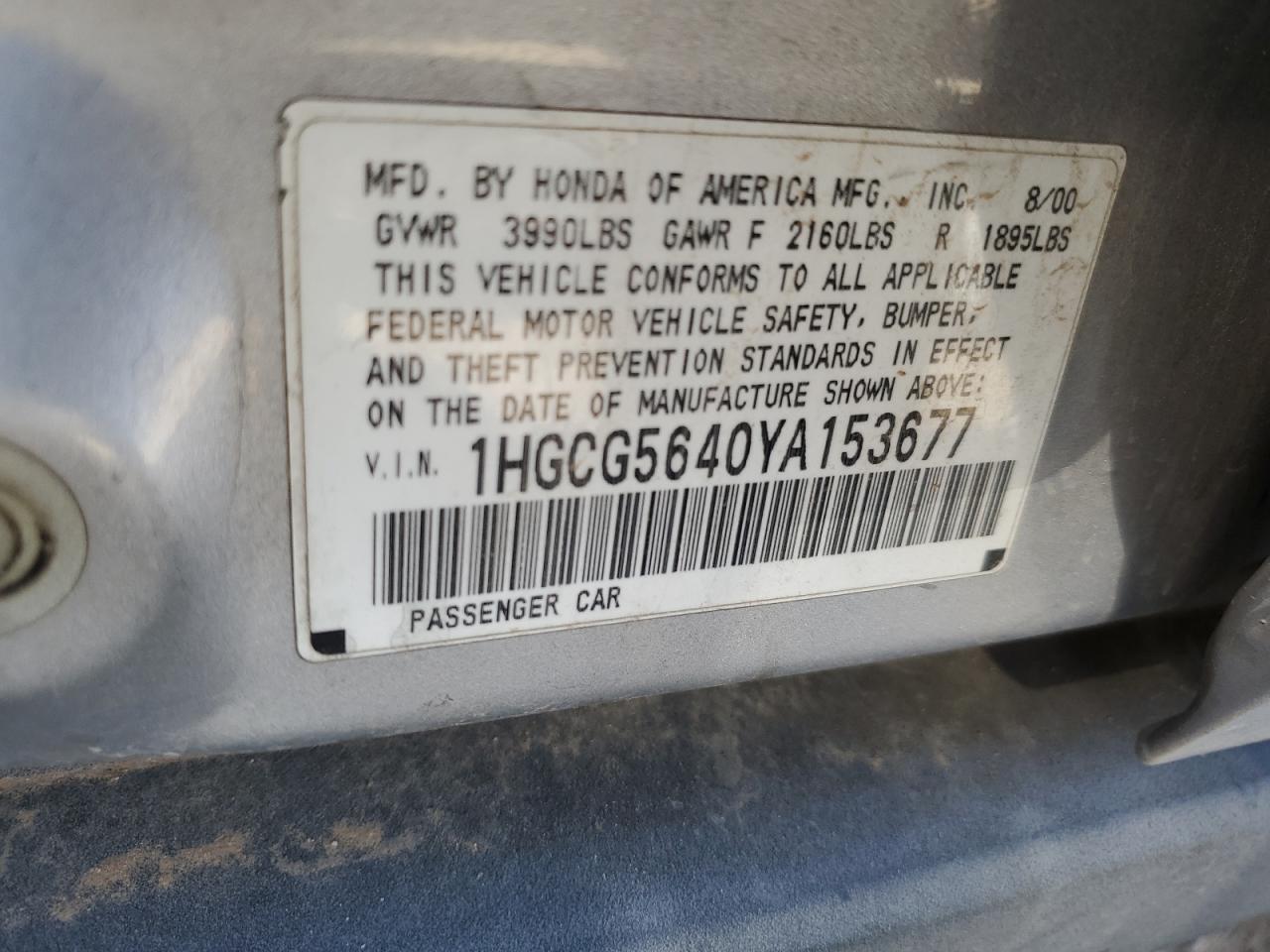 1HGCG5640YA153677 2000 Honda Accord Lx
