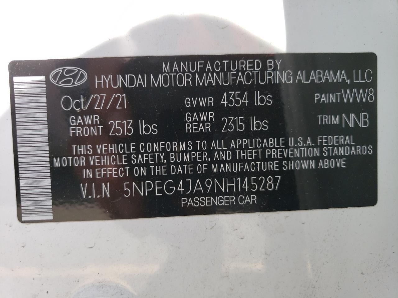5NPEG4JA9NH145287 2022 Hyundai Sonata Se