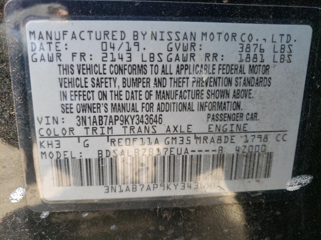 3N1AB7AP9KY343646 2019 Nissan Sentra S