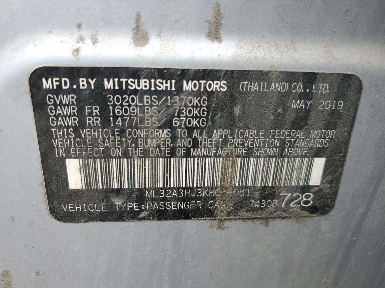 ML32A3HJ3KH014051 2019 Mitsubishi Mirage Es