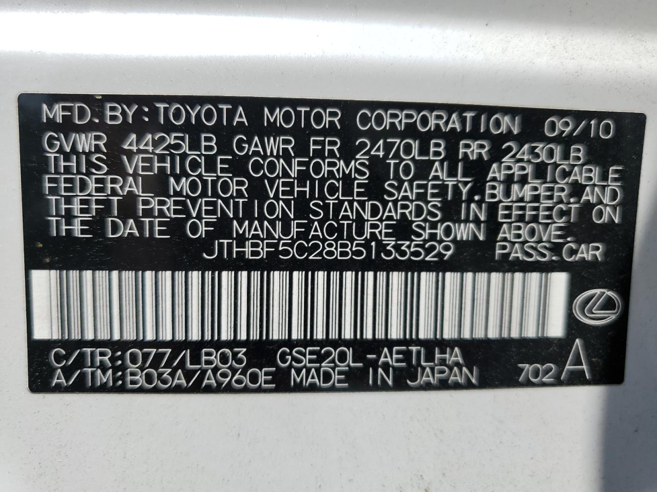 JTHBF5C28B5133529 2011 Lexus Is 250