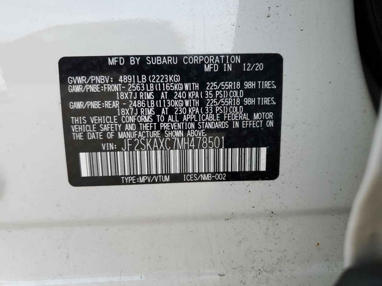 JF2SKAXC7MH478501 2021 Subaru Forester Touring