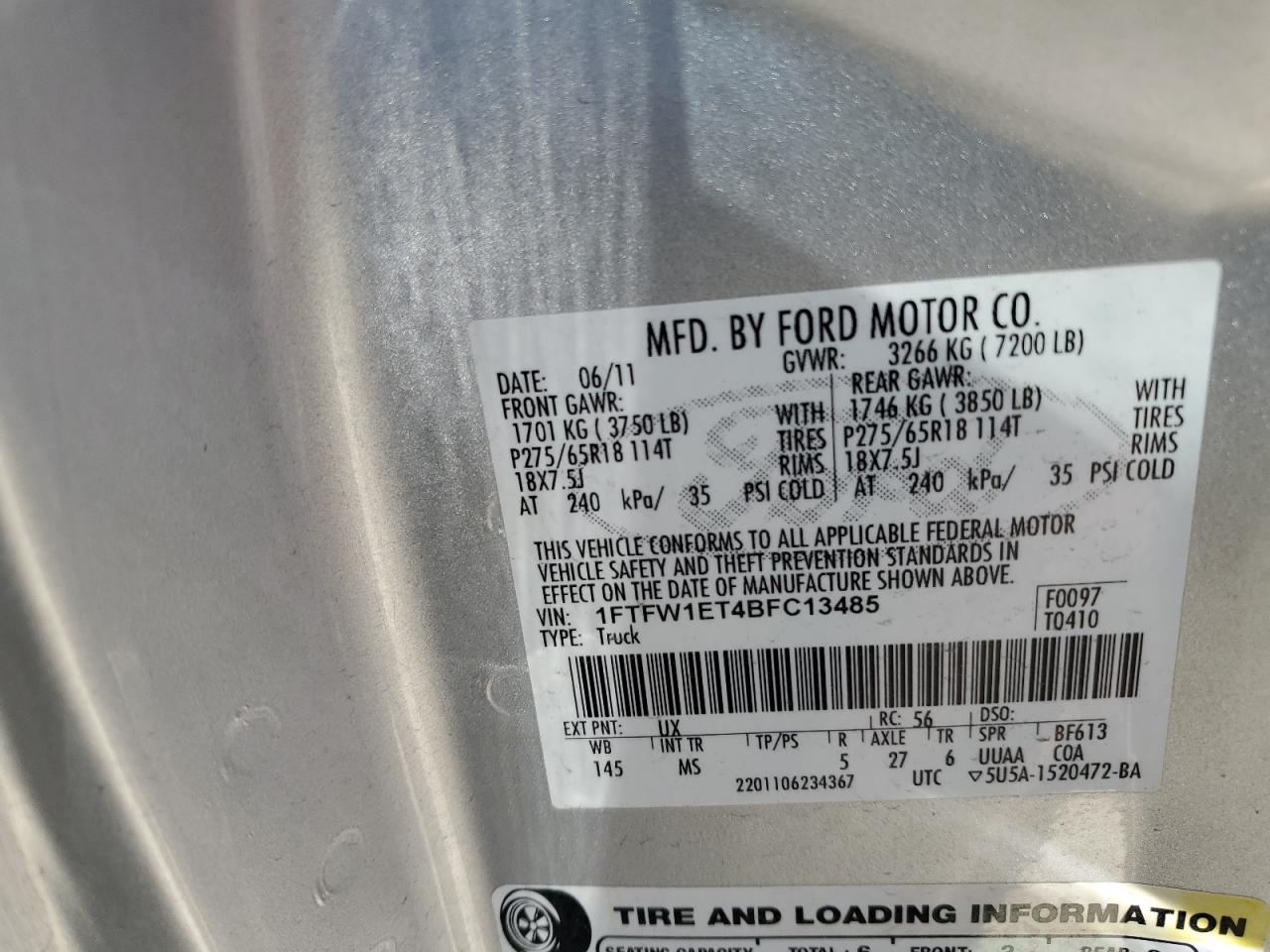 1FTFW1ET4BFC13485 2011 Ford F150 Supercrew