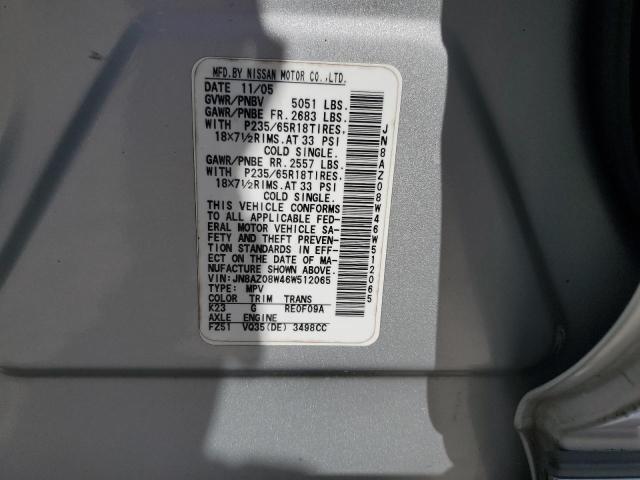 2006 Nissan Murano Sl VIN: JN8AZ08W46W512065 Lot: 53355774