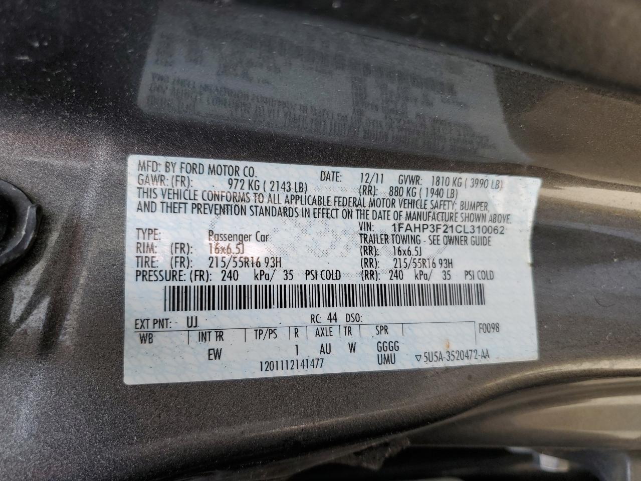 1FAHP3F21CL310062 2012 Ford Focus Se