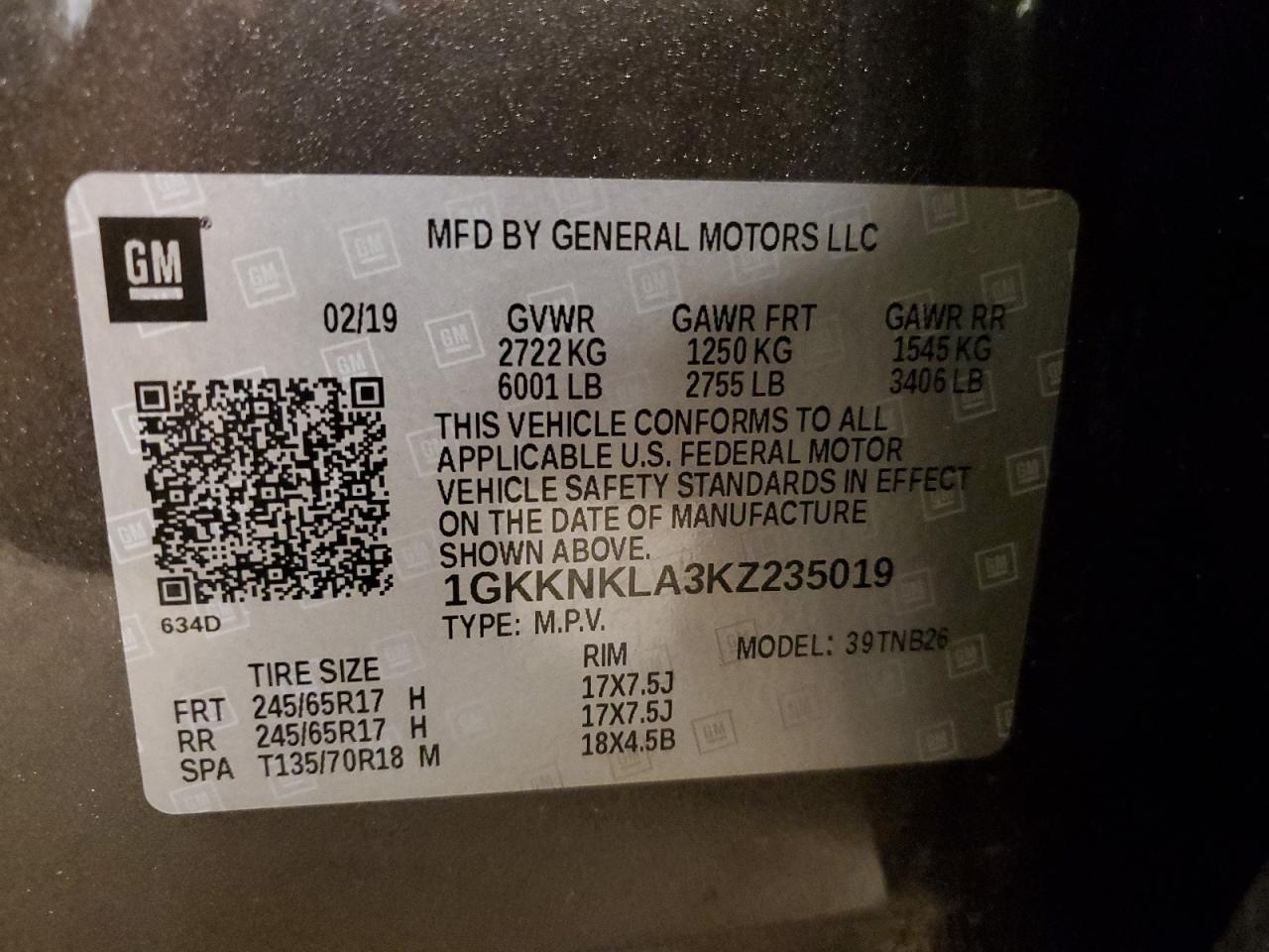 1GKKNKLA3KZ235019 2019 GMC Acadia Sle