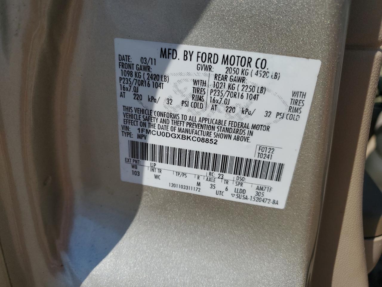 1FMCU0DGXBKC08852 2011 Ford Escape Xlt