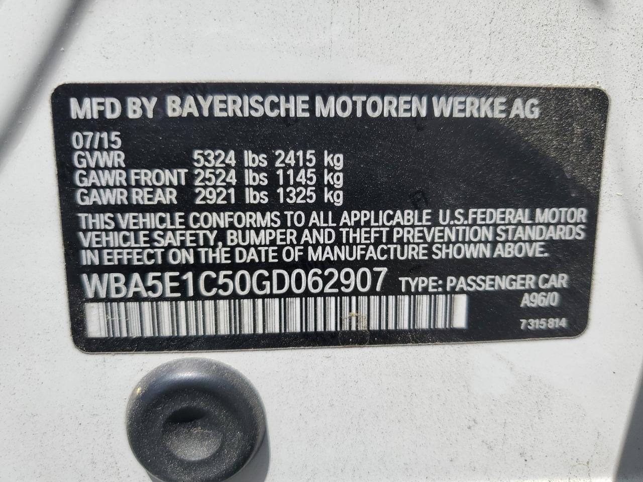 WBA5E1C50GD062907 2016 BMW Activehybrid 5