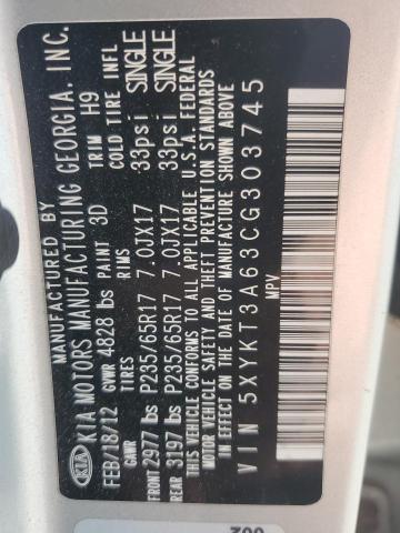 2012 Kia Sorento Base VIN: 5XYKT3A63CG303745 Lot: 54134144