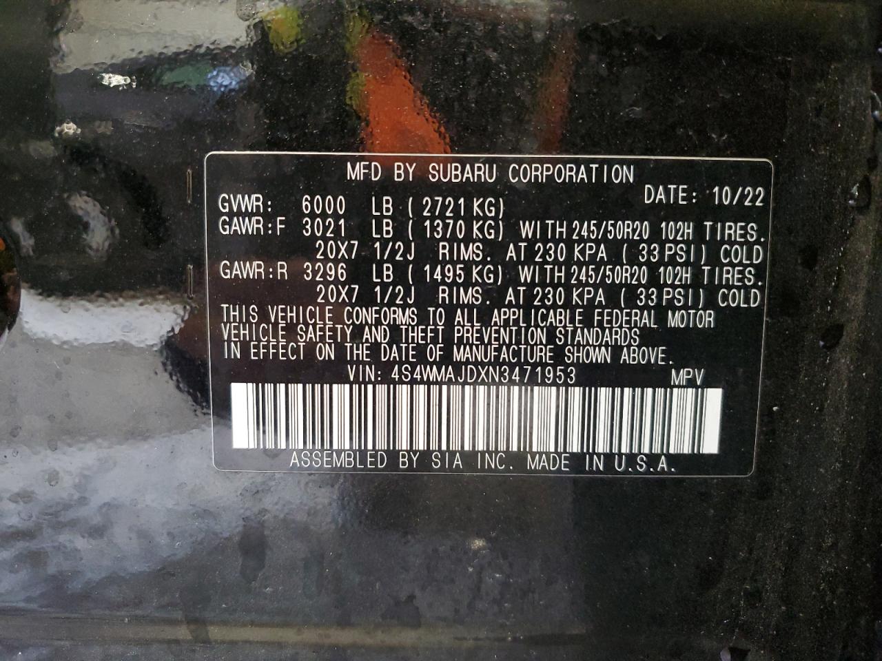 2022 Subaru Ascent Onyx Edition vin: 4S4WMAJDXN3471953