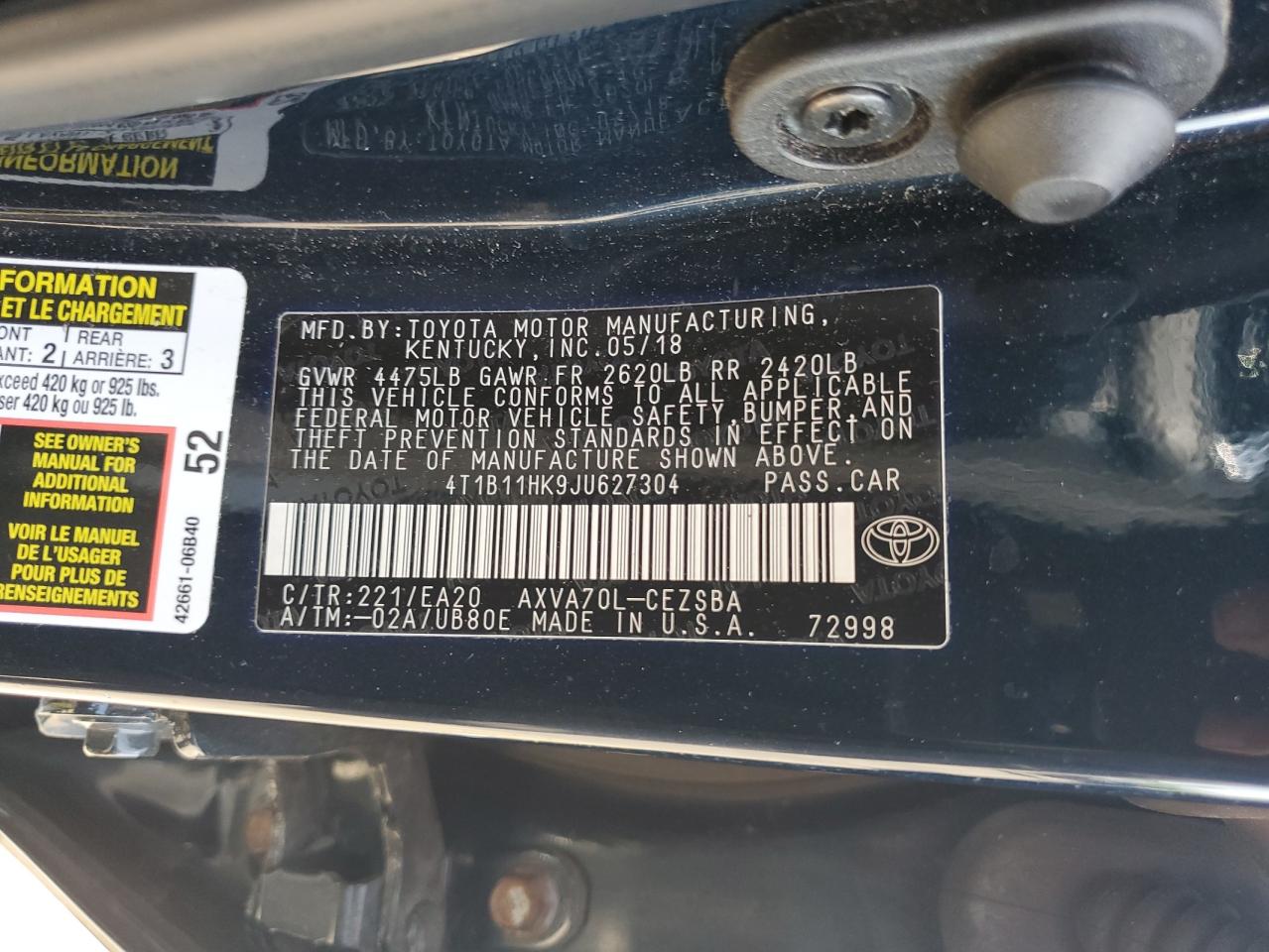 4T1B11HK9JU627304 2018 Toyota Camry L