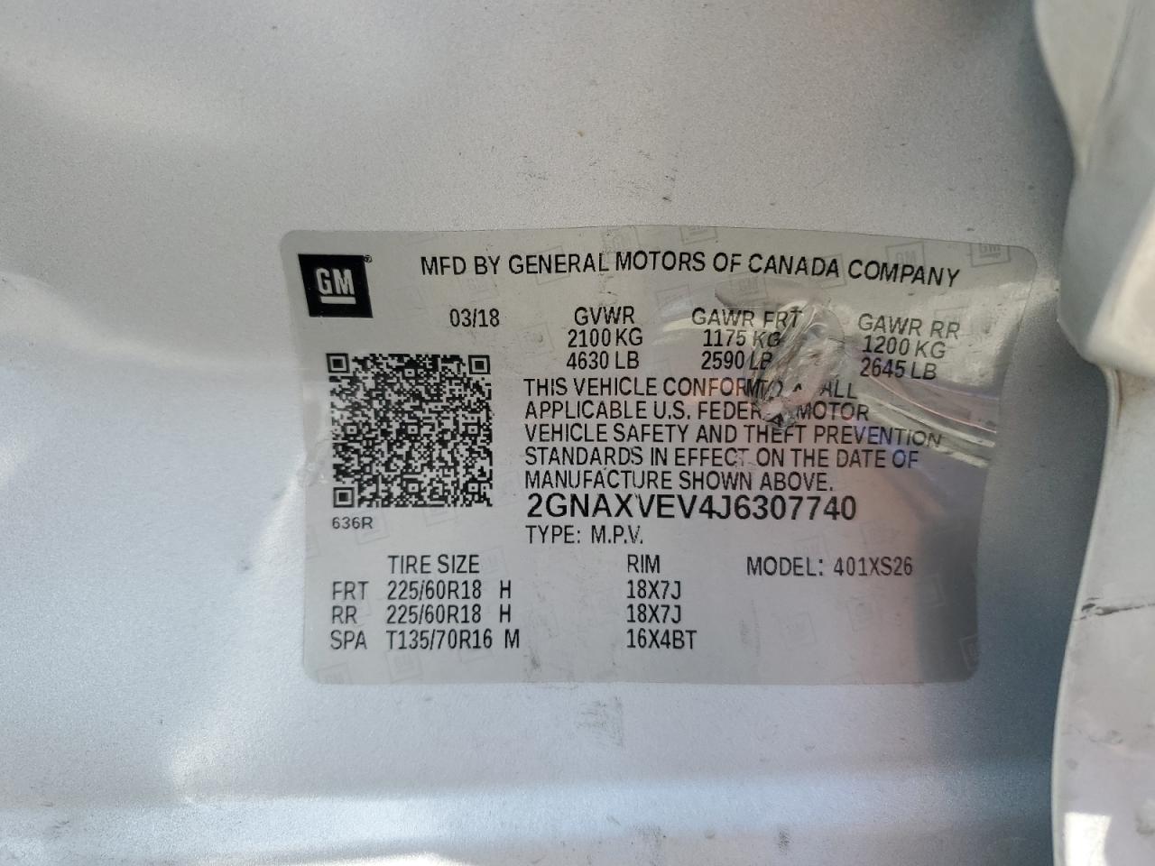 2GNAXVEV4J6307740 2018 Chevrolet Equinox Premier