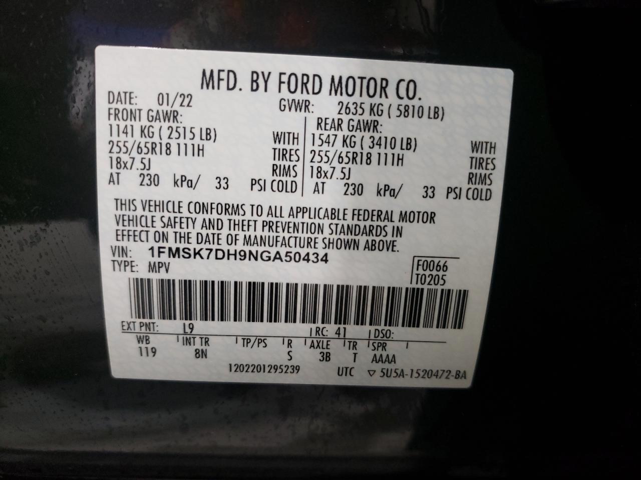 1FMSK7DH9NGA50434 2022 Ford Explorer Xlt