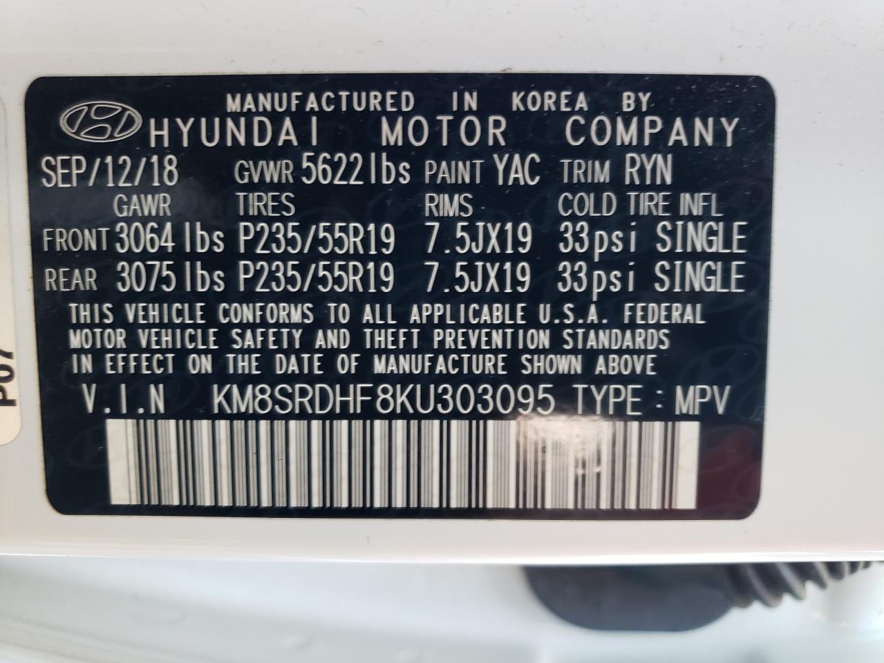 KM8SRDHF8KU303095 2019 Hyundai Santa Fe Xl Se Ultimate