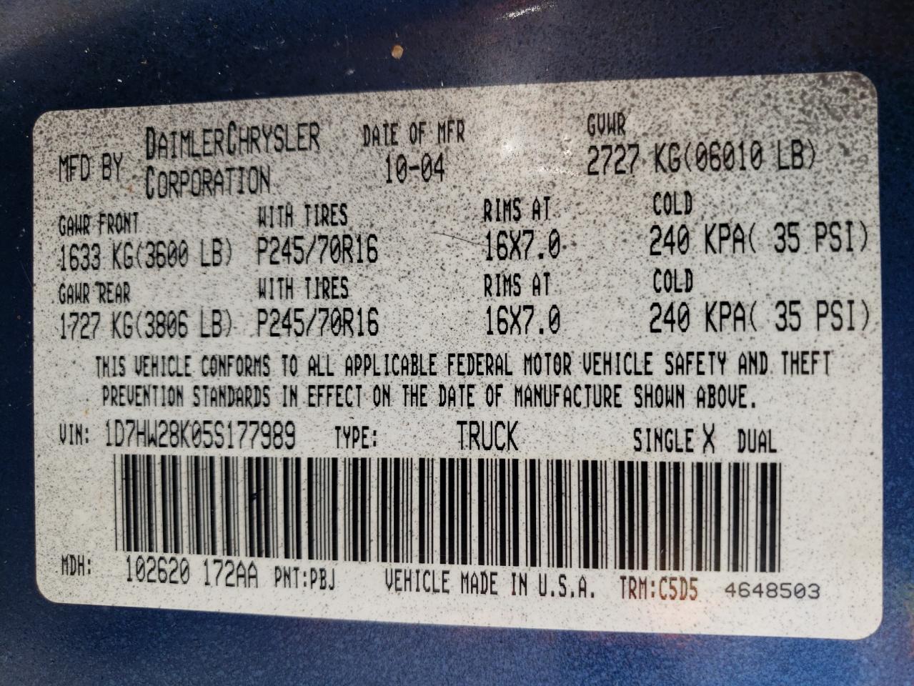 1D7HW28K05S177989 2005 Dodge Dakota Quad