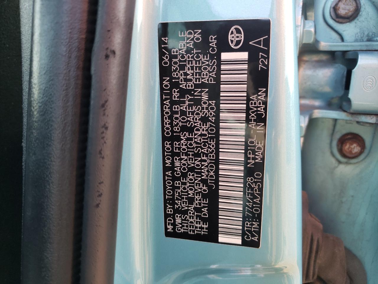 JTDKDTB36E1074904 2014 Toyota Prius C