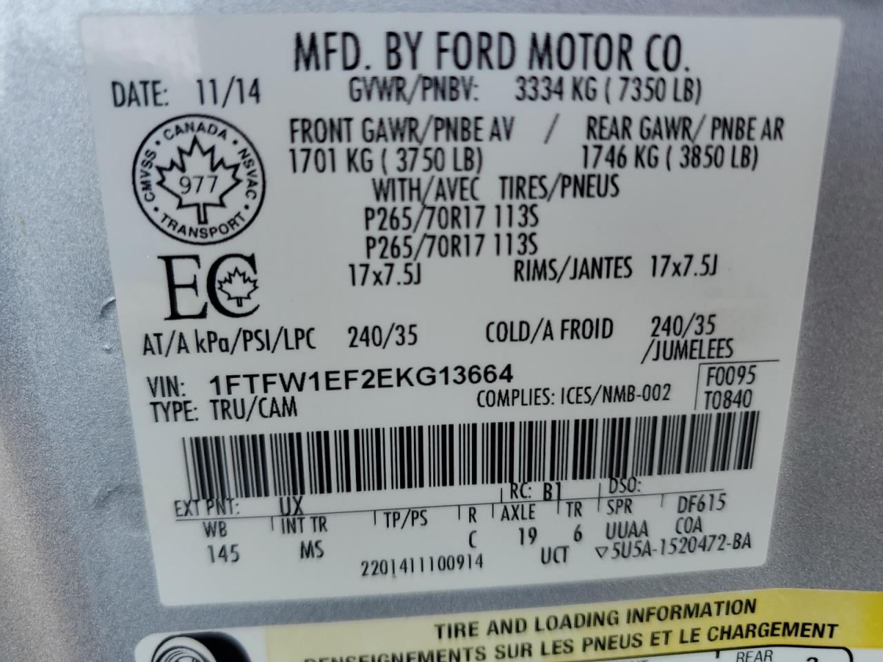 1FTFW1EF2EKG13664 2014 Ford F150 Supercrew