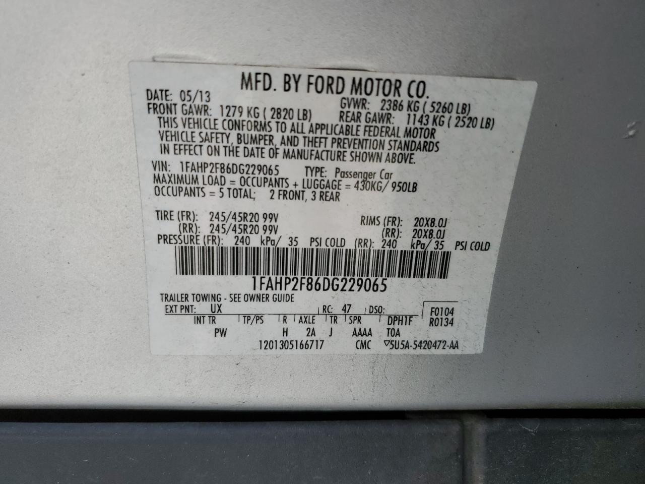 1FAHP2F86DG229065 2013 Ford Taurus Limited