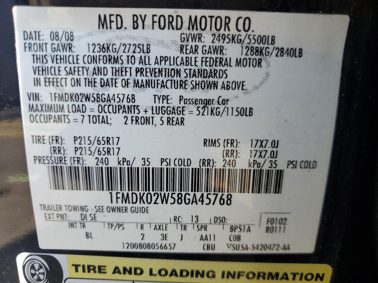 1FMDK02W58GA45768 2008 Ford Taurus X Sel